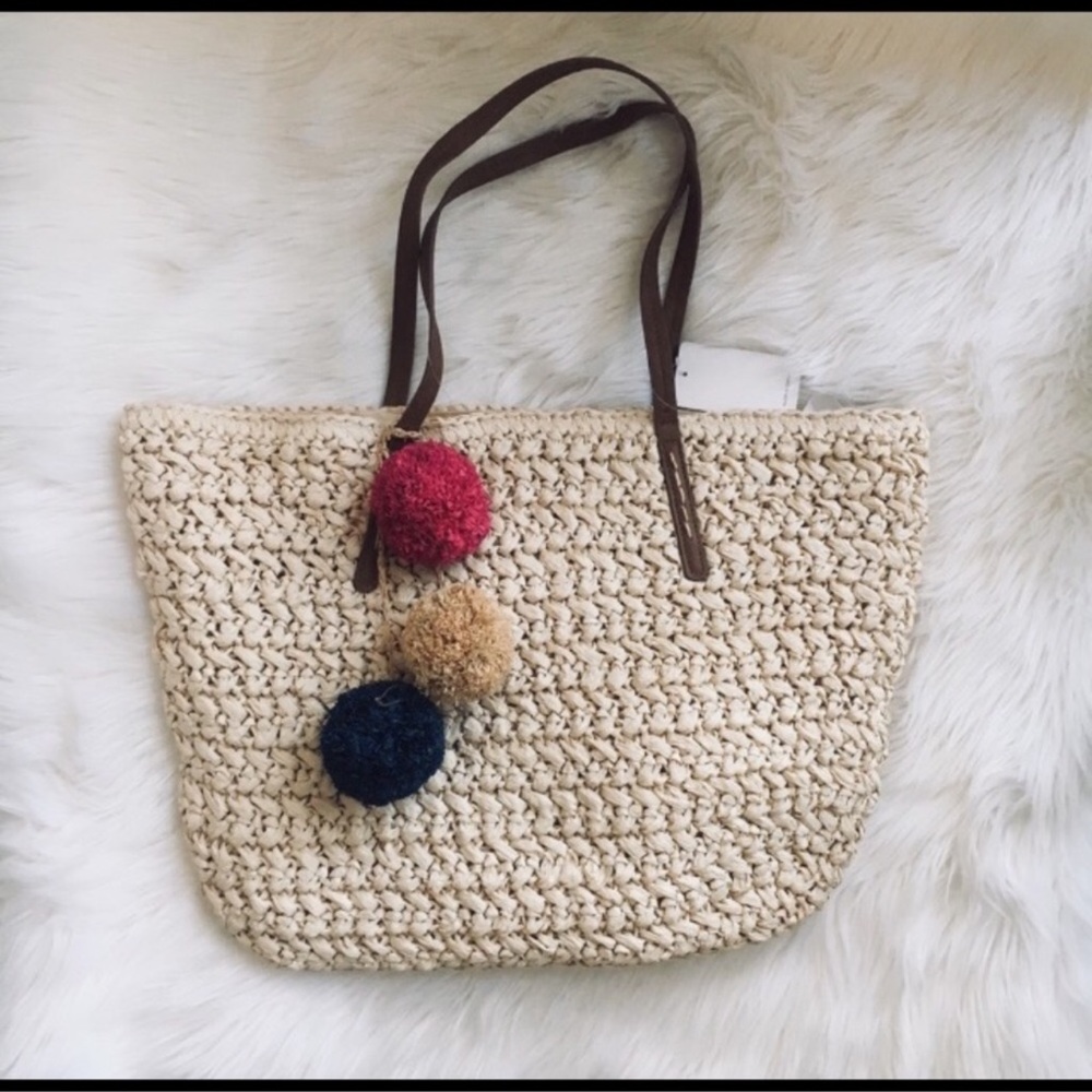 Straw Wicker Rattan Natural Pom Pom Tote 🔴🔵🟢